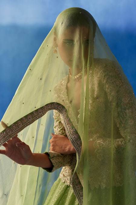 Shop_Mrunalini Rao_Green Satin, Organza, Silk Zari, Embroidery, Anokhi Zardozi Lehenga Jacket Set _Online_at_Aza_Fashions