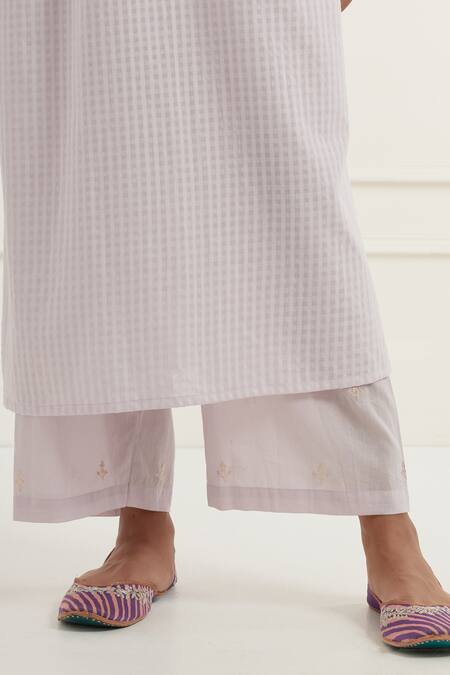 Shop_Kamaltaas_Purple Cotton Embroidery, Piping Split V-neck Hand Yoke Kurta Pant Set _Online_at_Aza_Fashions