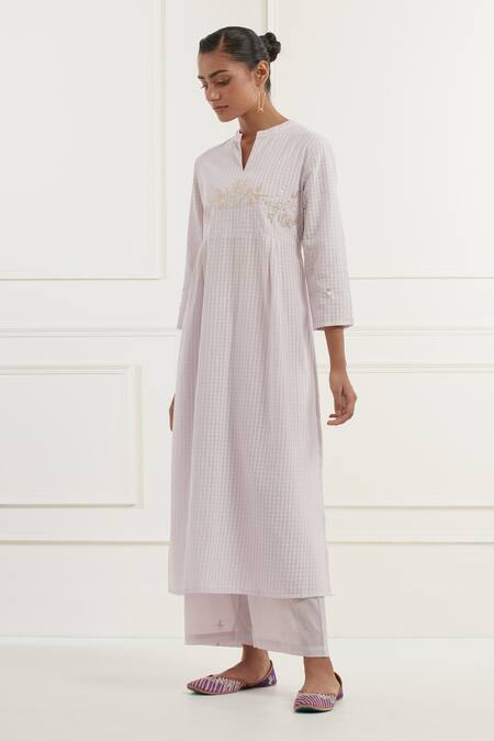 Kamaltaas_Purple Cotton Embroidery, Piping Split V-neck Hand Yoke Kurta Pant Set _at_Aza_Fashions