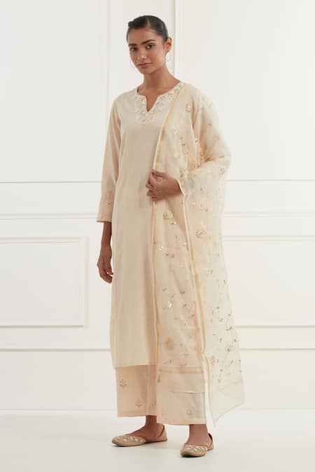 Kamaltaas Peach Cotton Slub Hand Embroidery Placement Pitta Kurta Pant Set  