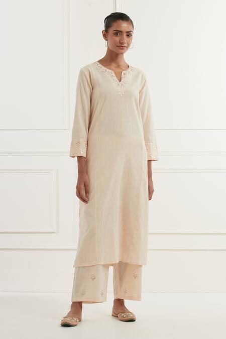 Buy_Kamaltaas_Peach Cotton Embroidery Split V-neck Placement Pitta Kurta Pant Set _Online_at_Aza_Fashions