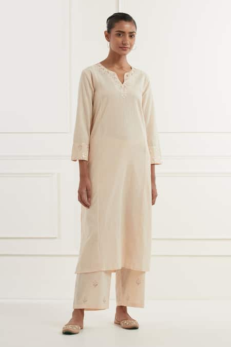 Kamaltaas Peach Cotton Slub Hand Embroidery Placement Pitta Kurta With Pant  