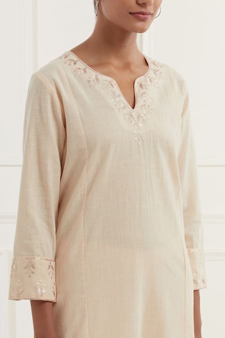 Kamaltaas_Peach , Satin Embroidery Split Placement Pitta Kurta With Pant _Online_at_Aza_Fashions