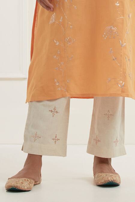 Buy_Kamaltaas_Orange Cotton, Linen Embroidery Round Neck Pitta Kurta With Pant _Online_at_Aza_Fashions
