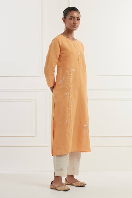 Shop_Kamaltaas_Orange Cotton, Linen Embroidery Round Neck Pitta Kurta With Pant _Online_at_Aza_Fashions