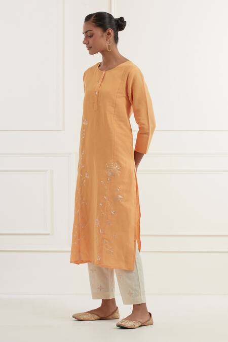 Kamaltaas_Orange Cotton, Linen Embroidery Round Neck Pitta Kurta With Pant _at_Aza_Fashions