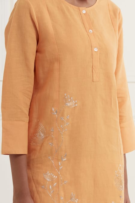 Buy_Kamaltaas_Orange Cotton, Linen Embroidery Round Neck Pitta Kurta _Online_at_Aza_Fashions