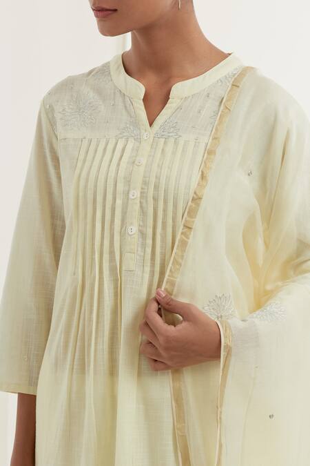 Kamaltaas Yellow Cotton, Chanderi Embroidery Collared Pitta Yoke Kurta Pant Set Online at Aza Fashions Kamaltaas_Yellow Cotton, Chanderi Embroidery Collared Pitta Yoke Kurta Pant Set _Online_at_Aza_Fashions