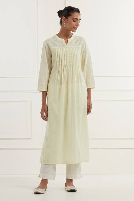 Shop Kamaltaas Yellow Cotton, Chanderi Embroidery Collared Pitta Yoke Kurta Pant Set Online at Aza Fashions Shop_Kamaltaas_Yellow Cotton, Chanderi Embroidery Collared Pitta Yoke Kurta Pant Set _Online_at_Aza_Fashions