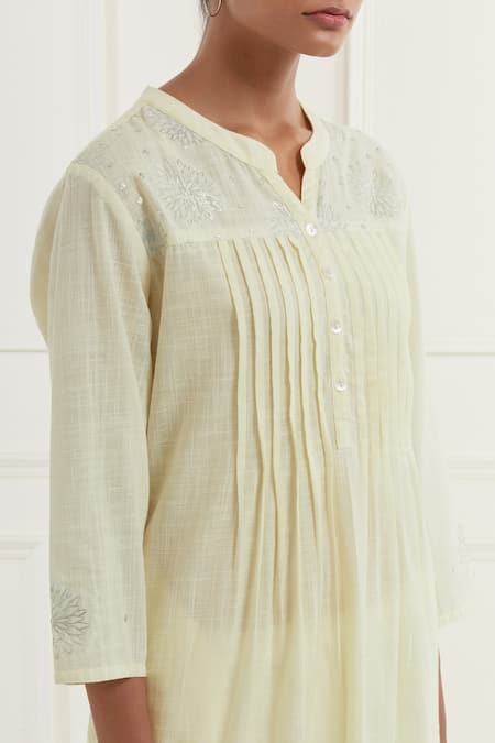 Kamaltaas_Yellow Cotton Embroidery Collared Pitta Yoke Kurta With Pant _Online_at_Aza_Fashions