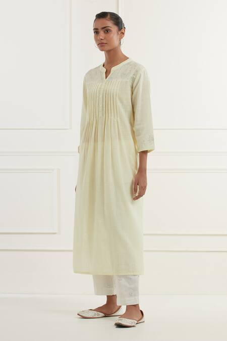 Buy_Kamaltaas_Yellow Cotton Embroidery Collared Pitta Yoke Kurta With Pant _Online_at_Aza_Fashions