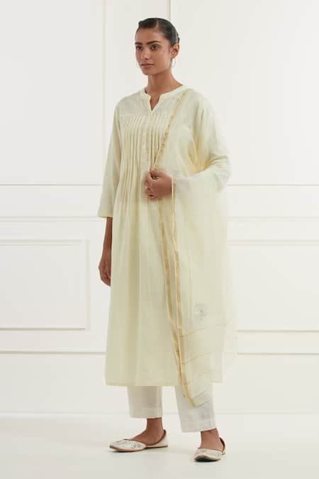 Shop_Kamaltaas_Yellow Cotton Embroidery Collared Pitta Yoke Kurta With Pant _Online_at_Aza_Fashions
