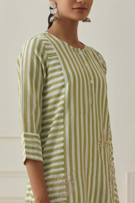 Shop_Kamaltaas_Green Cotton, Chanderi Embroidery Round Neck Stripe Pattern Kurta With Pant _Online_at_Aza_Fashions