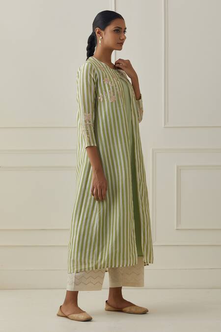 Kamaltaas_Green Chanderi, Cotton Embroidery Round Stripe Pattern Jacket Kurta With Pant _Online_at_Aza_Fashions