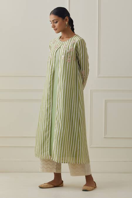 Buy_Kamaltaas_Green Chanderi, Cotton Embroidery Round Stripe Pattern Jacket Kurta With Pant _Online_at_Aza_Fashions