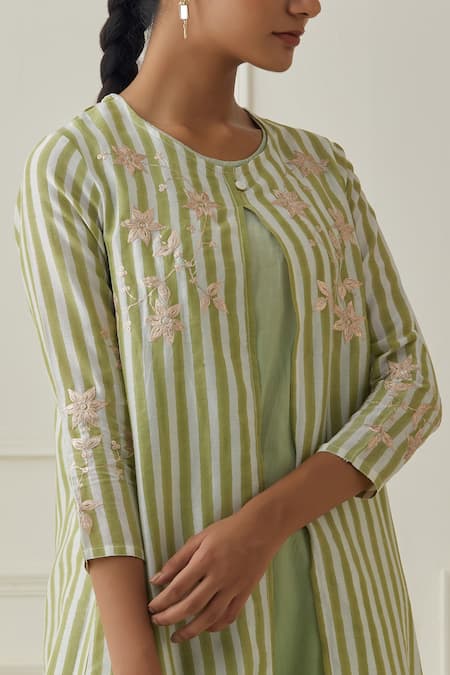 Shop_Kamaltaas_Green Chanderi, Cotton Embroidery Round Stripe Pattern Jacket Kurta With Pant _Online_at_Aza_Fashions