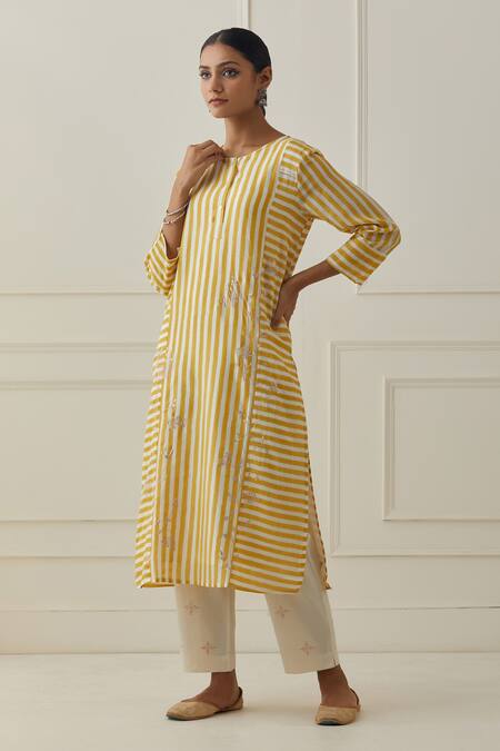Kamaltaas_Yellow Cotton, Chanderi Embroidery Round Stripe Pattern Straight Kurta With Pant _Online_at_Aza_Fashions