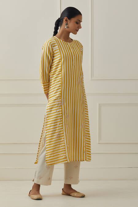 Buy_Kamaltaas_Yellow Cotton, Chanderi Embroidery Round Stripe Pattern Straight Kurta With Pant _Online_at_Aza_Fashions
