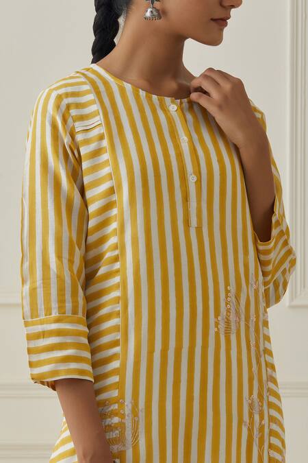 Shop_Kamaltaas_Yellow Cotton, Chanderi Embroidery Round Stripe Pattern Straight Kurta With Pant _Online_at_Aza_Fashions