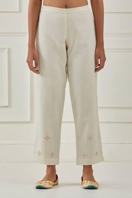 Kamaltaas_Yellow Cotton, Chanderi Embroidery Round Stripe Pattern Straight Kurta With Pant _at_Aza_Fashions