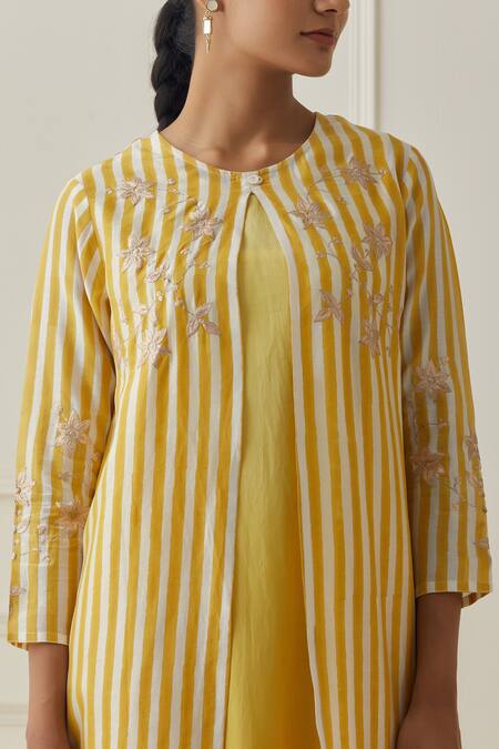 Shop_Kamaltaas_Yellow Cotton, Chanderi Embroidery, Piping Round Neck Layered Jacket Kurta Set _Online_at_Aza_Fashions