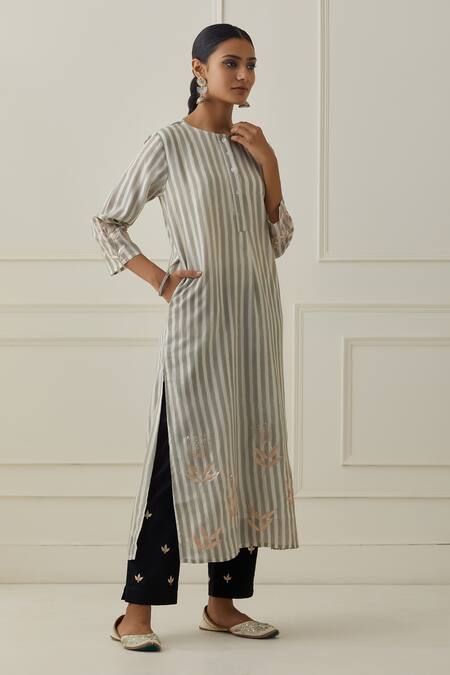 Kamaltaas_Grey Cotton, Chanderi Embroidery, Stripe Pattern Straight Fit Kurta With Pant _Online_at_Aza_Fashions