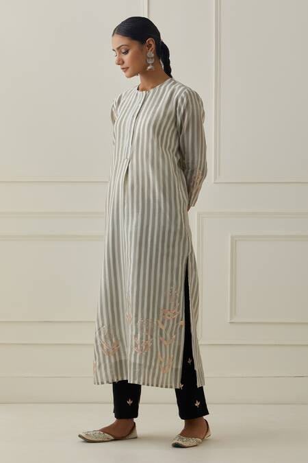 Buy_Kamaltaas_Grey Cotton, Chanderi Embroidery, Stripe Pattern Straight Fit Kurta With Pant _Online_at_Aza_Fashions