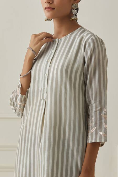 Shop_Kamaltaas_Grey Chanderi, Cotton Round Neck Stripe Pattern Straight Fit Kurta _Online_at_Aza_Fashions