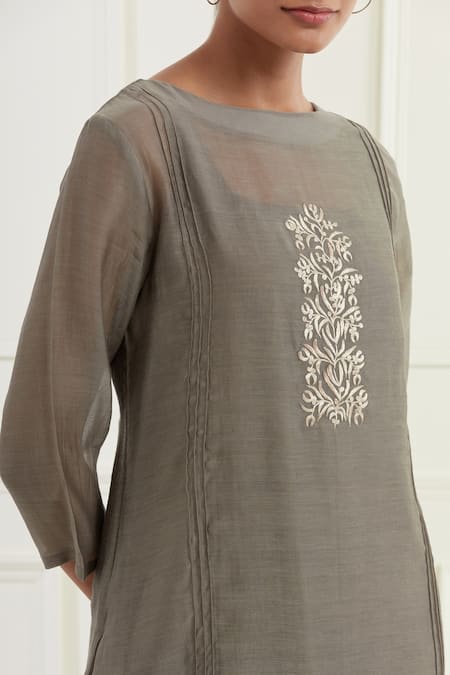 Kamaltaas Grey Chanderi, Cotton Round Neck Placement Pitta Embroidered Kurta Online at Aza Fashions Kamaltaas_Grey Chanderi, Cotton Round Neck Placement Pitta Embroidered Kurta _Online_at_Aza_Fashions