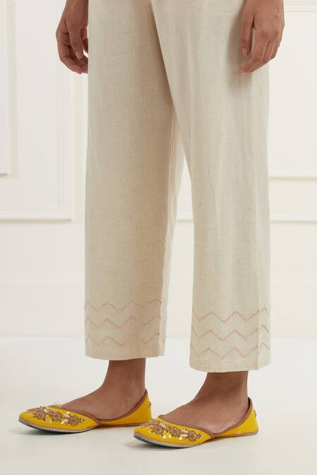 Shop_Kamaltaas_Yellow Chanderi, Cotton Embroidery Placement Floral Pitta Kurta And Pant Set _Online_at_Aza_Fashions