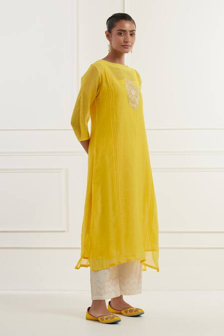 Kamaltaas_Yellow Chanderi, Cotton Embroidery Placement Floral Pitta Kurta And Pant Set _at_Aza_Fashions