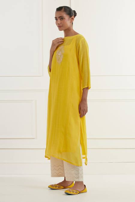Buy_Kamaltaas_Yellow Chanderi, Cotton Embroidery Round Neck Placement Floral Pitta Kurta _Online_at_Aza_Fashions