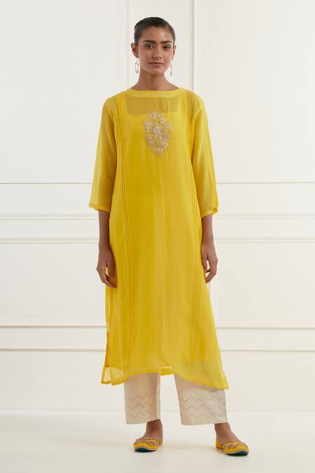 Shop_Kamaltaas_Yellow Chanderi, Cotton Embroidery Round Neck Placement Floral Pitta Kurta _Online_at_Aza_Fashions