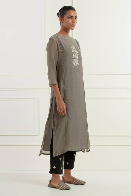 Kamaltaas Grey Chanderi, Cotton Embroidery Round Placement Flower Pitta Kurta And Pant Set at Aza Fashions Kamaltaas_Grey Chanderi, Cotton Embroidery Round Placement Flower Pitta Kurta And Pant Set _at_Aza_Fashions