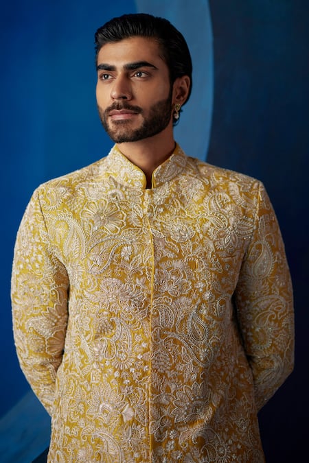 Shop Mrunalini Rao Yellow Silk Embroidery Nevan Resham Sherwani Set at Aza Fashions Shop_Mrunalini Rao_Yellow Silk Embroidery Nevan Resham Sherwani Set _at_Aza_Fashions