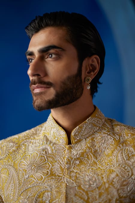 Mrunalini Rao Yellow Silk Embroidery Nevan Resham Sherwani Set Online at Aza Fashions Mrunalini Rao_Yellow Silk Embroidery Nevan Resham Sherwani Set _Online_at_Aza_Fashions