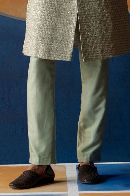 Mrunalini Rao_Green Silk Embroidery Teerth Sherwani Set _Online_at_Aza_Fashions