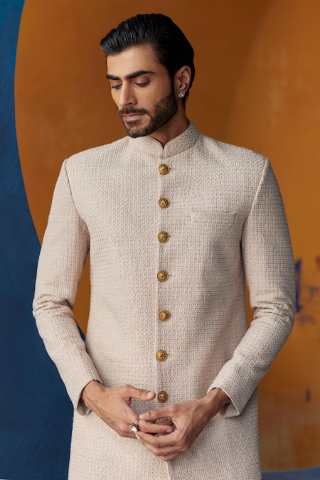 Shop Mrunalini Rao Beige Silk Embroidery Resham Sherwani Set at Aza Fashions Shop_Mrunalini Rao_Beige Silk Embroidery Resham Sherwani Set _at_Aza_Fashions