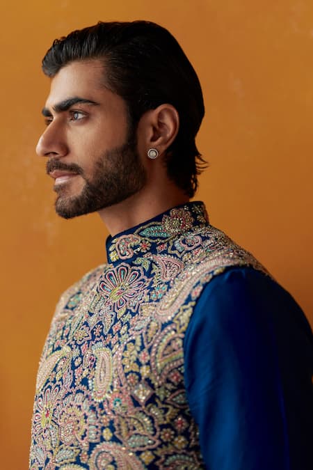 Buy Mrunalini Rao Blue Silk Embroidery Bundi Kurta Set Buy_Mrunalini Rao_Blue Silk Embroidery Bundi Kurta Set