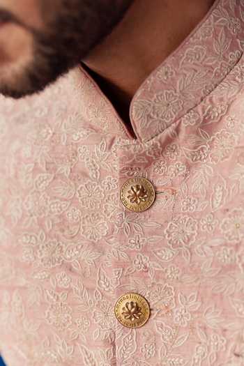 Mrunalini Rao_Peach Silk Embroidery Taraji Resham Sherwani Set _Online_at_Aza_Fashions