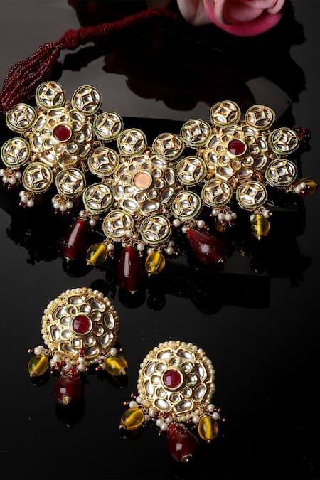 Dugran By Dugristyle_Maroon Pearls, Gota Patti, Stones Kundan Embellished Choker Necklace Set _Online_at_Aza_Fashions