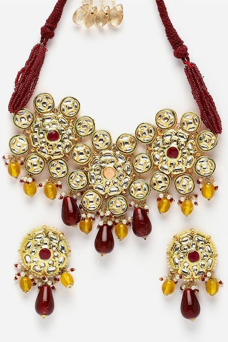 Buy_Dugran By Dugristyle_Maroon Pearls, Gota Patti, Stones Kundan Embellished Choker Necklace Set _Online_at_Aza_Fashions