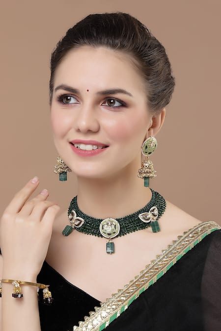 Dugran By Dugristyle Green Pearls, Applique, Diamonds Embellished Choker Necklace Set