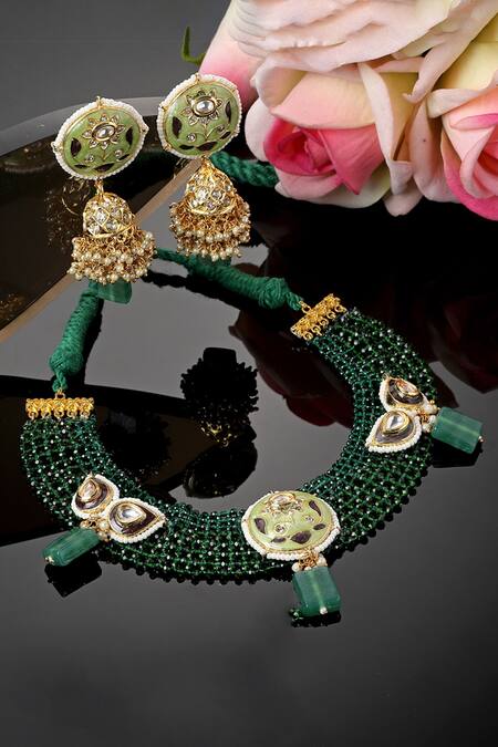 Dugran By Dugristyle_Green Pearls, Applique, Diamonds Embellished Choker Necklace Set _Online_at_Aza_Fashions