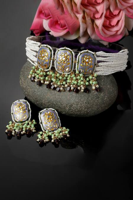 Dugran By Dugristyle Purple Pearls, Gota Patti Natural Stones Embellished Choker Necklace Set Online at Aza Fashions Dugran By Dugristyle_Purple Pearls, Gota Patti Natural Stones Embellished Choker Necklace Set _Online_at_Aza_Fashions