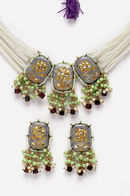 Buy Dugran By Dugristyle Purple Pearls, Gota Patti Natural Stones Embellished Choker Necklace Set Online at Aza Fashions Buy_Dugran By Dugristyle_Purple Pearls, Gota Patti Natural Stones Embellished Choker Necklace Set _Online_at_Aza_Fashions