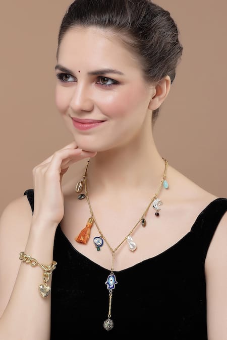 Dugran By Dugristyle Gold Plated Stones Embellished Long Necklace 