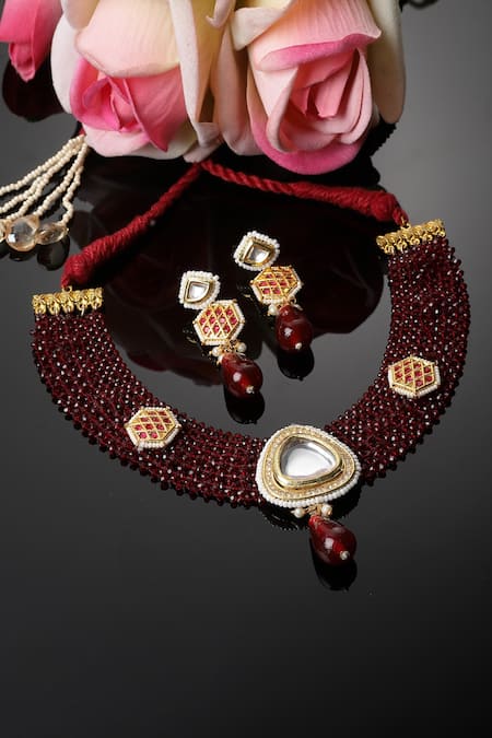 Dugran By Dugristyle_Maroon Pearls, Diamonds, Stones Embellished Choker Necklace Set _Online_at_Aza_Fashions