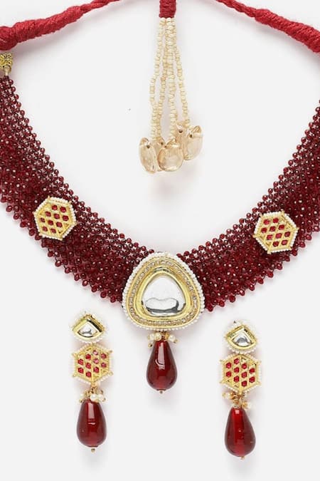 Buy_Dugran By Dugristyle_Maroon Pearls, Diamonds, Stones Embellished Choker Necklace Set _Online_at_Aza_Fashions