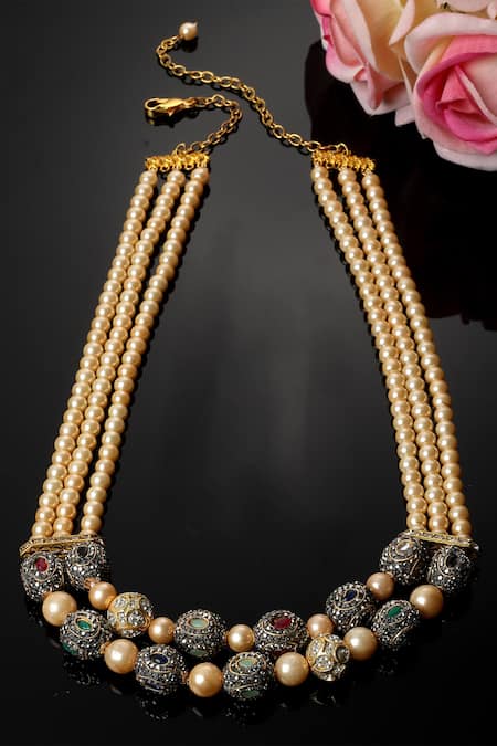 Dugran By Dugristyle_Cream Pearls And Natural Stones Embellished Necklace_Online_at_Aza_Fashions